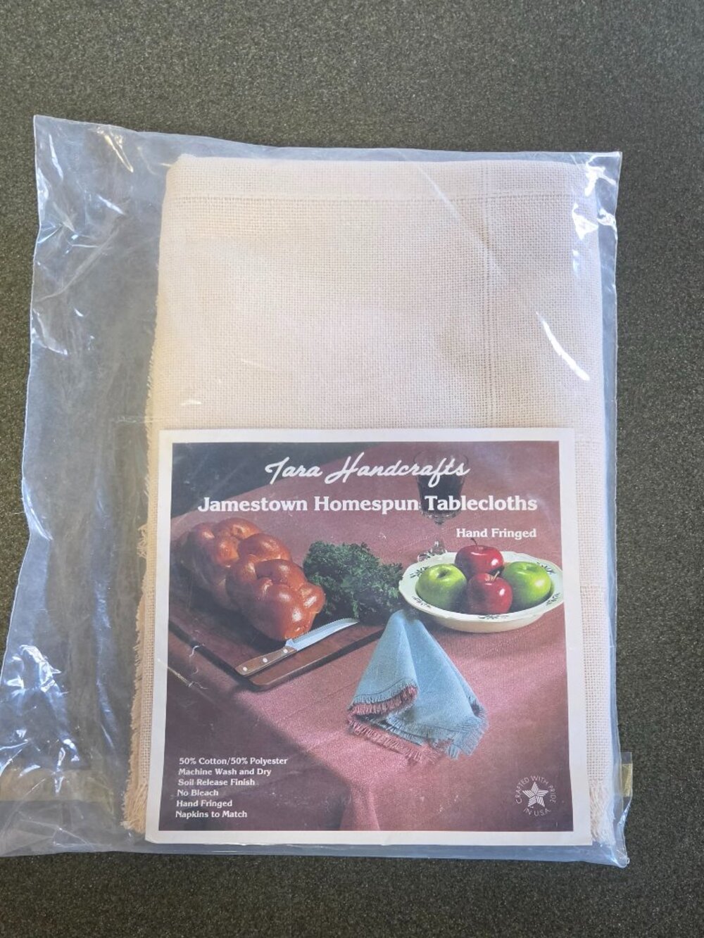Tara Handcrafts-Jamestown Homespun Tablecloth- Hand Fringed- 56x56 Ivory-New